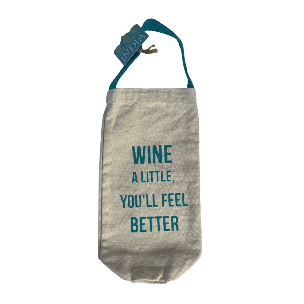 Handcrafted India Canvas Wine Bottle Bag Beige Teal Funny Quote Gift Boho Chic